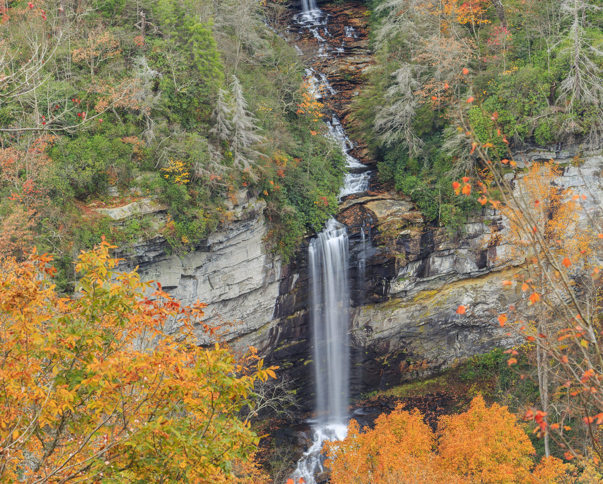 Raven Cliff Falls is a 420 foot cascade on Matthews Creek. The name comes from the Ravens that nest in the cliffs. The falls are located in the Mountain Bridge Wilderness of Greenville County South Carolina. Raven Cliff Falls Trail is an easy to moderate 2 mile hike to the observation deck. You can also take the Gum Gap Trail to Naturaland Trust trail and cross the upper section of falls on a Suspension Bridge. You can continue on this very strenuous trail into the gorge and make a 7.9 mile loop. It is a very steep and rugged trail with a crossing of Mathew Creek that can’t be crossed safely in high water. At the intersection of the Dismal trail take it back to the Raven Cliff Falls Trail to parking lot.