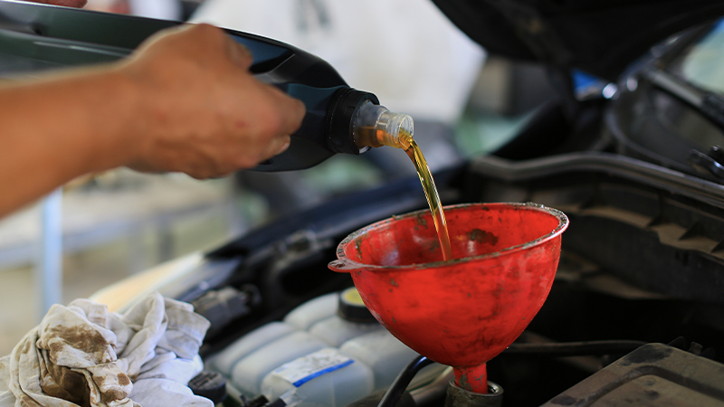 pouring engine oil into a red funnel in the engine compartment