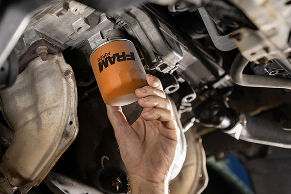 a hand installing an orange FRAM Force filter