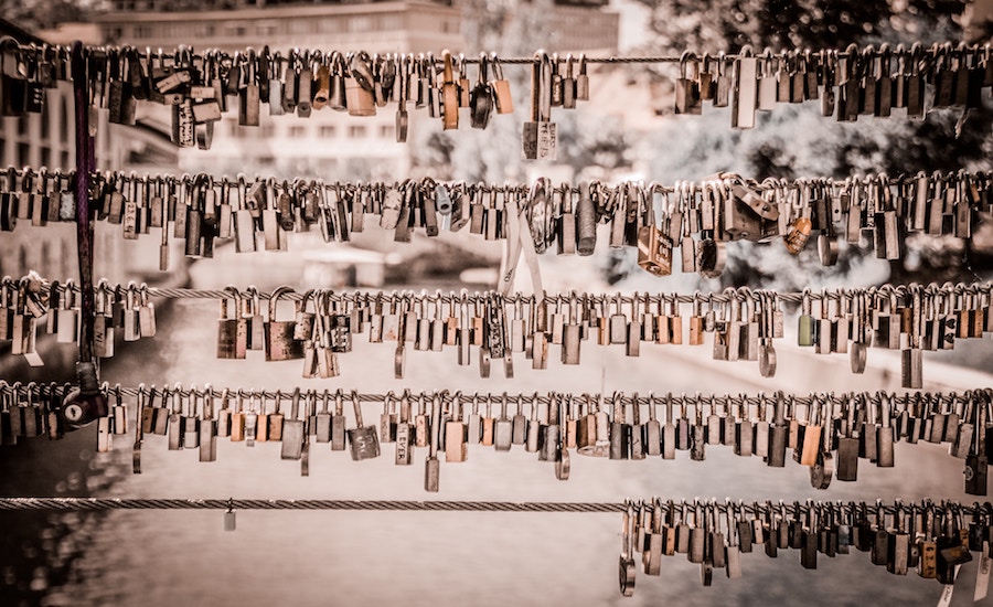 Ruben Bagues, Unsplash, hundreds of padlocks strung on lines over a city street