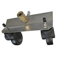 an undercarriage washer, which has two wheels under a metal plate and a nozzle