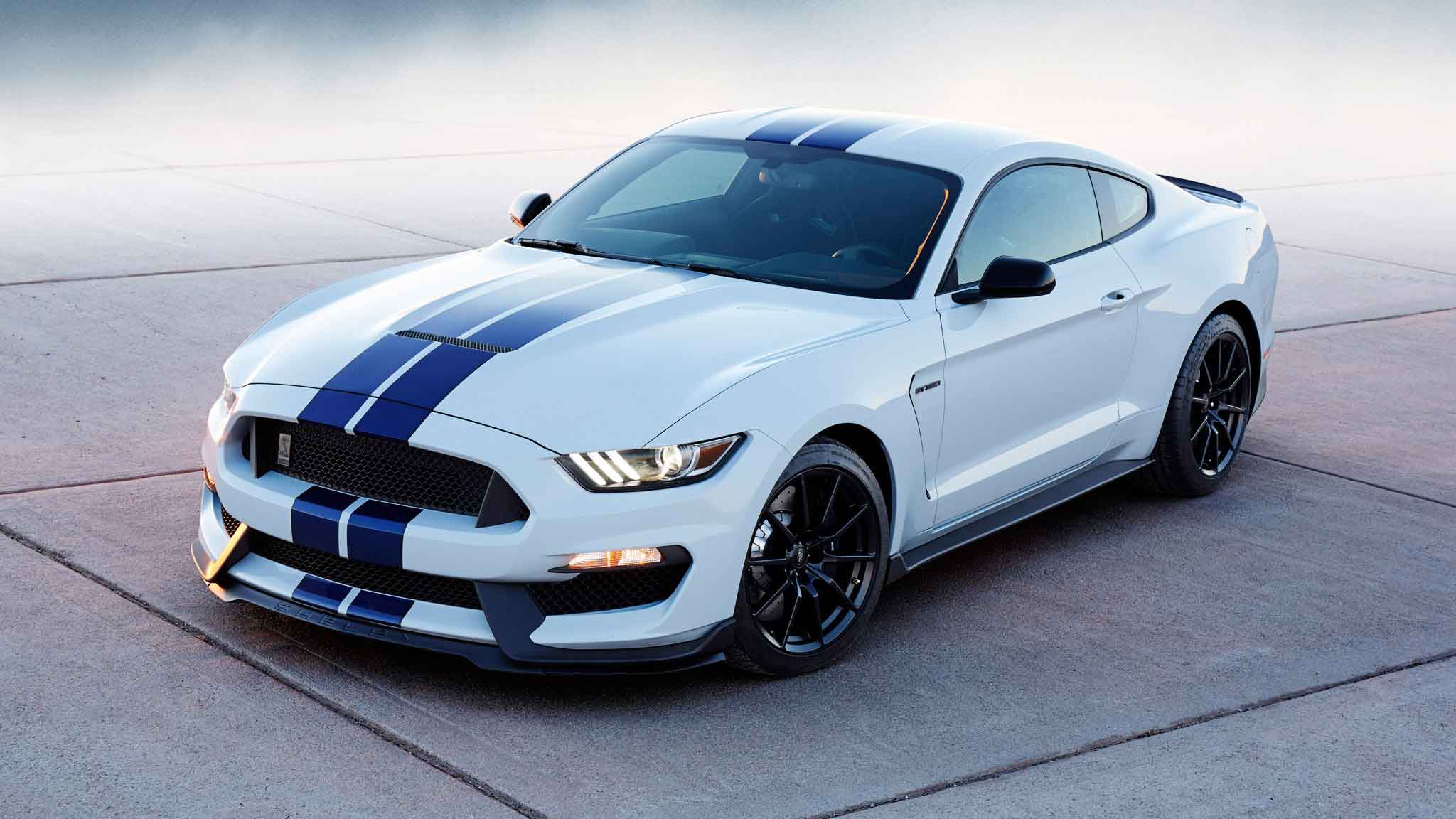 White car with blue stripes