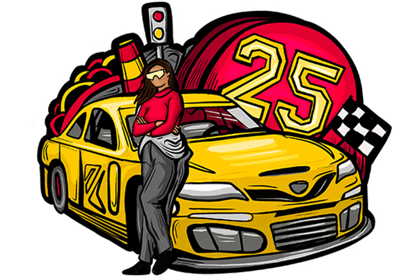 woman stands next to race car