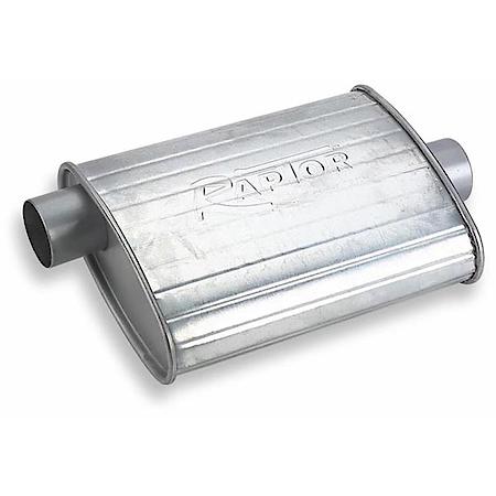 Raptor Turbo Muffler, 2.5in Offset Inlet 2.5in Center Outlet, 13in long, Non-Reversible, Mild Sound