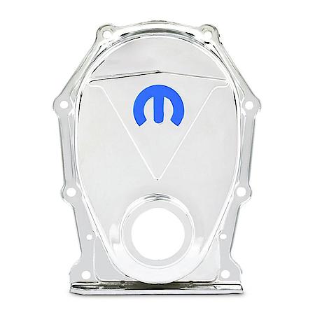 Timing Chain Cover, Chrome; Recessed Blue MOPAR Emblem, Chrysler Big Block (B, RB, & HEMI Engines)