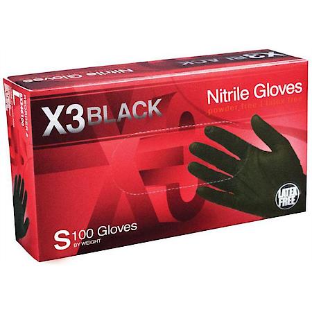 X3 Powder Free, Textured, Black Nitrile Gloves Small, Box of 100