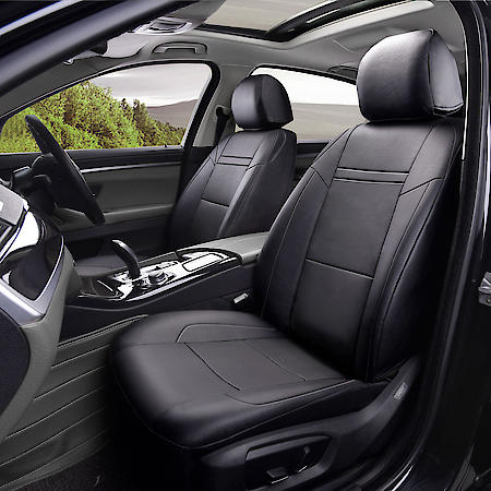 Seat Cover: Black, Faux Leather, Low Back, Durable, Direct Fit, 2 Pk