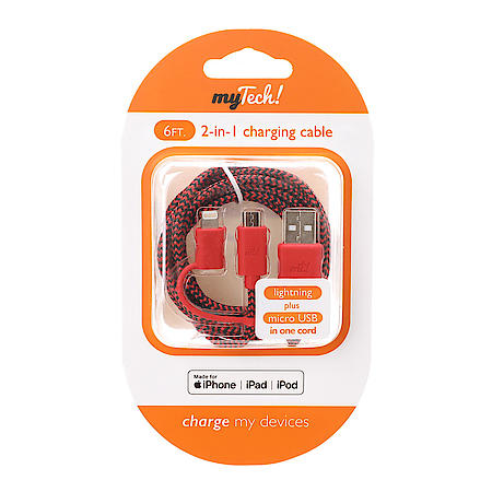 My Tech, 6' Micro USB, Lightning 2-in-1 Cable, Black-Red