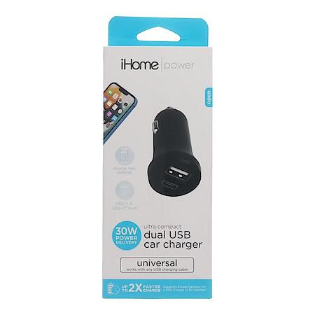iHome 30W Dual Port (20W USB-C, 10W USB-A) Car Charger