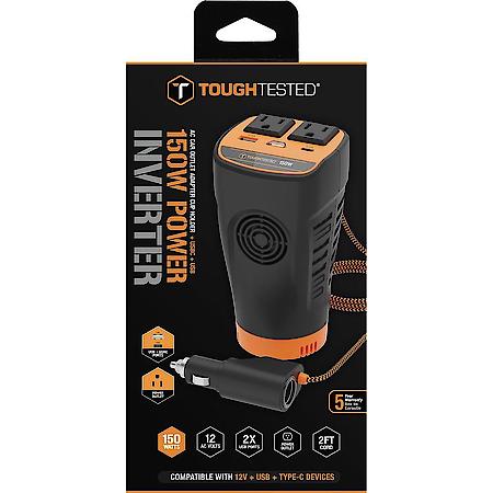12V Power Inverter: Cup Holder AC Outlet Adapter, USB-A and USB-C Charging Ports, 150W