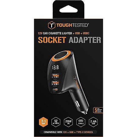 12V Socket Adapter: Digital 12V Car Power Adapter, USB and USB-C Charging Ports, 100W
