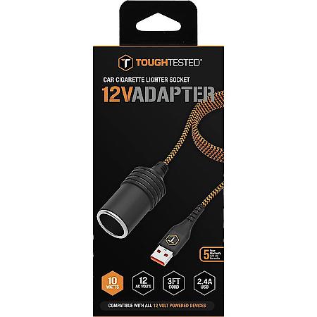 USB to 12V Car Socket Adapter: Car Charger, 3 ft Extended Braided Cord, 10W