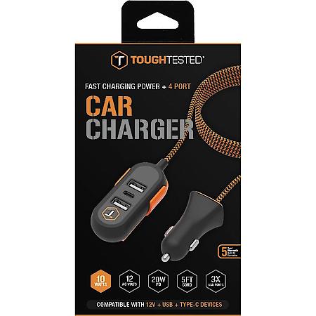 5' Extended Car Charger: 12V Power Delivery, Dual USB-A + USB-C Charging Ports