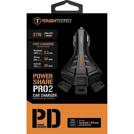 Power Share Pro Car Charger: USB-C and Dual USB-A Charging Ports, Fast Charging