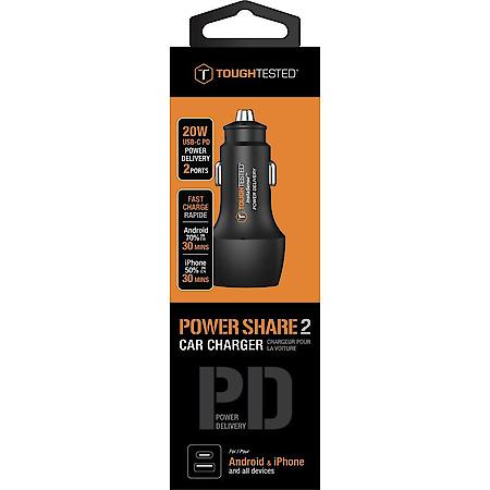 Power Share Car Charger: 30W Power Delivery, USB-C and USB-A Charging Ports