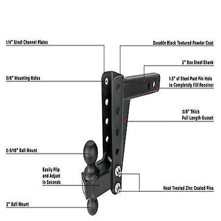 Trailer Hitch Ball Mount: For 2.5" Receiver, Lockable (Lock Sold Separate), Adjustable 4" Drop/Rise